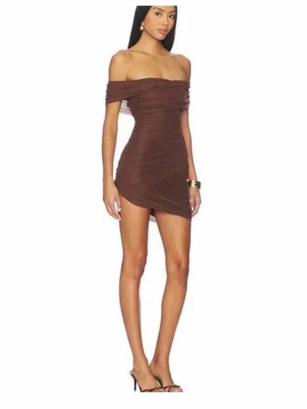Lovers + Friends Brown Off-Shoulder Ruched Mini Dress